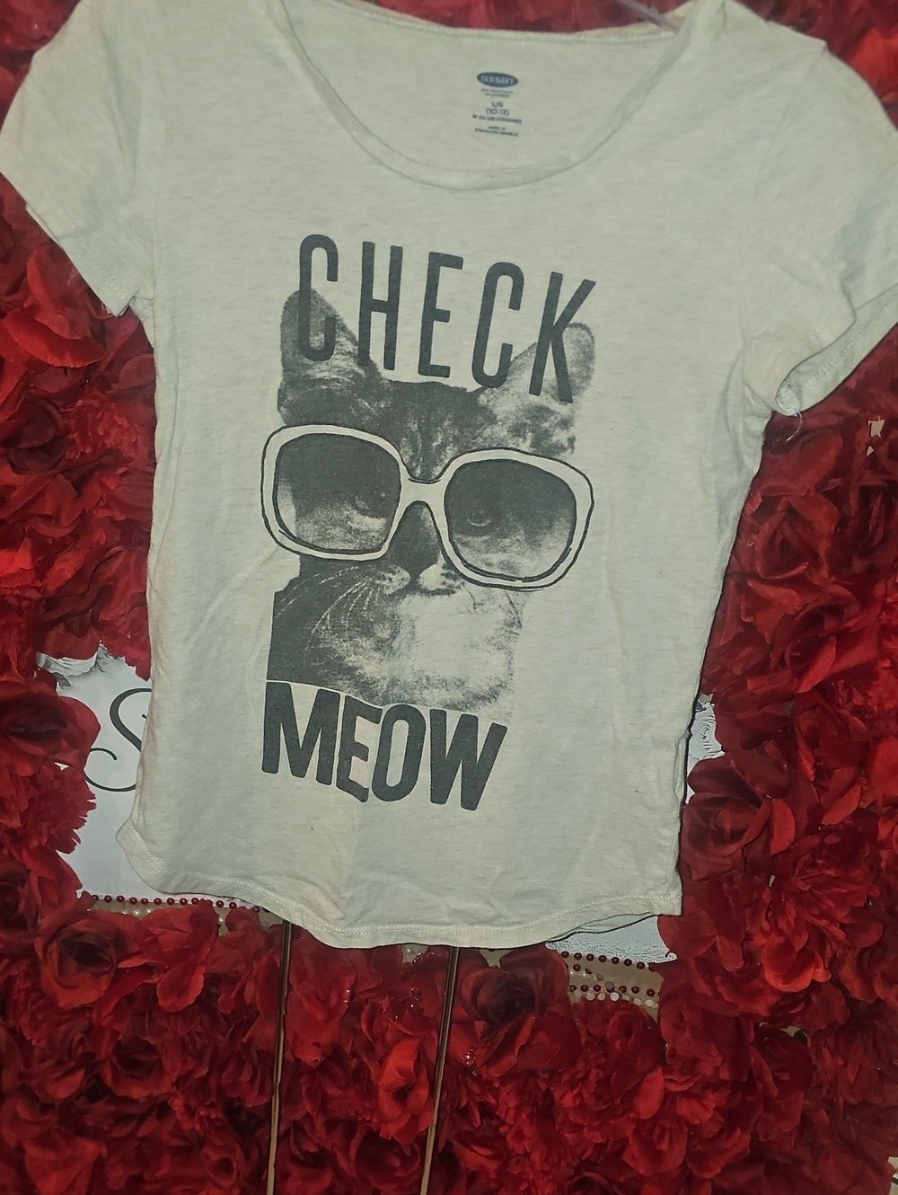 Old Navy Kids Cream Graphic Cat Tee with Black Print Size Large 10/12